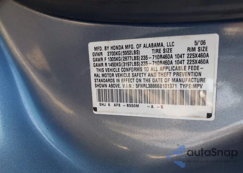 2006 Honda Odyssey Touring from USA, damaged, VIN 5FNRL38866B101371
